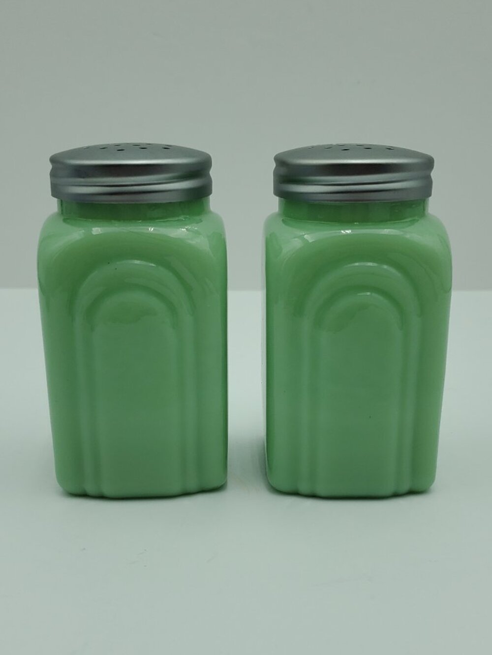 Jadeite Salt & Pepper Shakers Green Milk Glass Shaker Set with S & P Initials - Picture 6 of 8